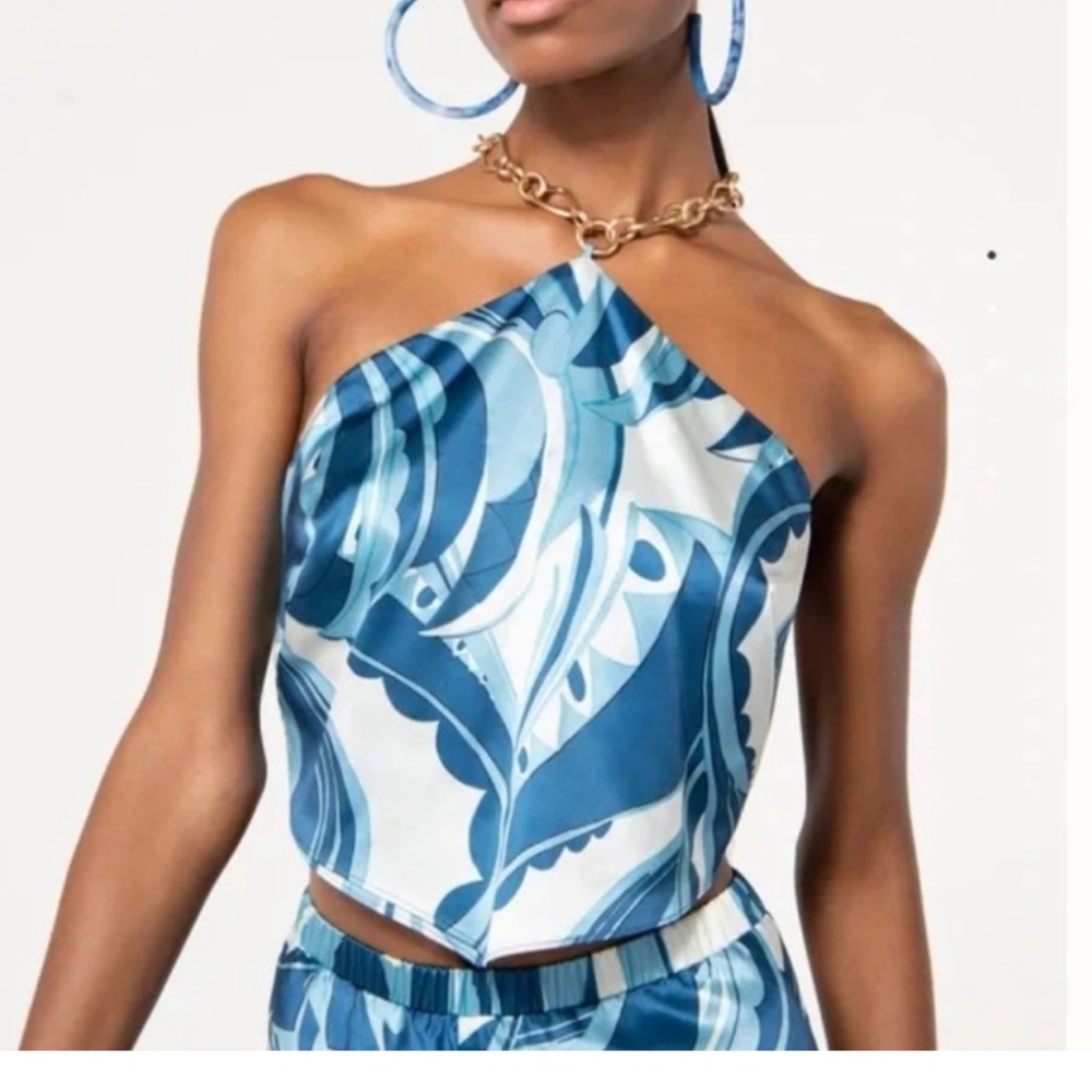 Cult Gaia Blue and White Crop Top